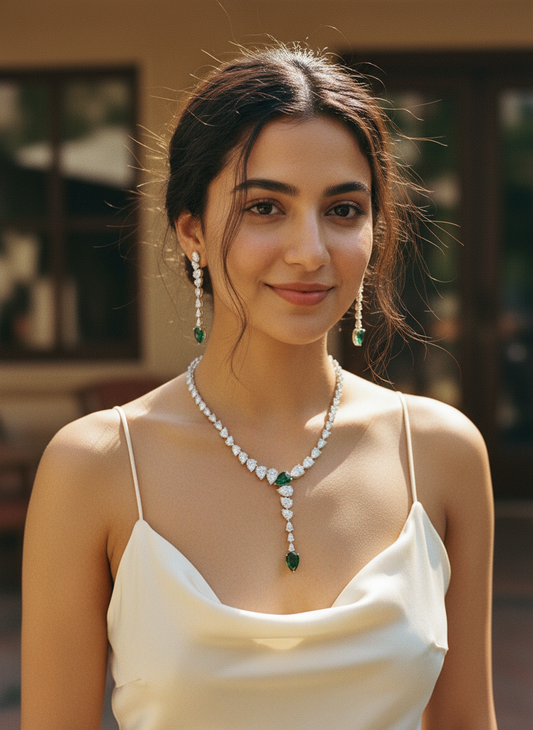 Emerald Dewdrop Cascade Necklace & Earrings Set