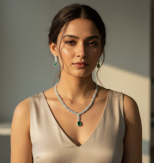 Emerald Radiance Leaf Necklace & Earrings Set