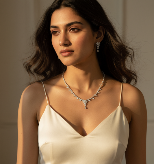 Sterling Glimmer Leaf Necklace & Earrings Set