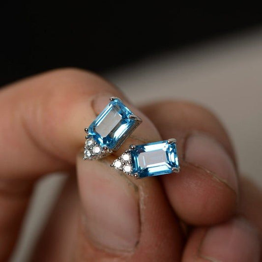Rectangular Blue Stone Studs with Triangular Accents