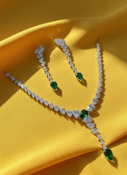Emerald Dewdrop Cascade Necklace & Earrings Set