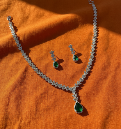 Emerald Radiance Leaf Necklace & Earrings Set