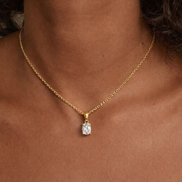 Classic Solitaire Oval Necklace Gold Finish