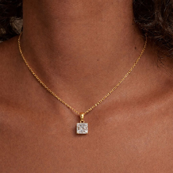 Classic Solitaire Square Necklace Gold Finish