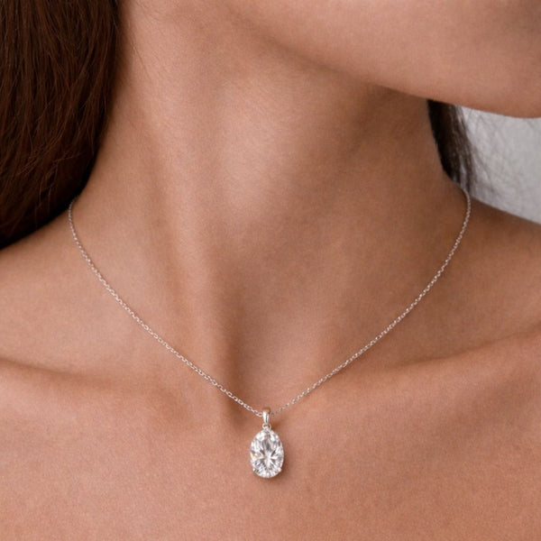 Classic Oval Solitaire Necklace Silver Finish