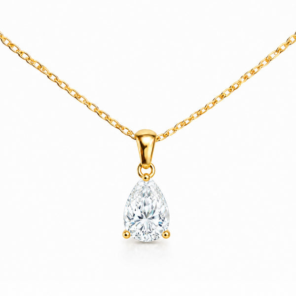 Classic Solitaire Tear Necklace Gold Finish