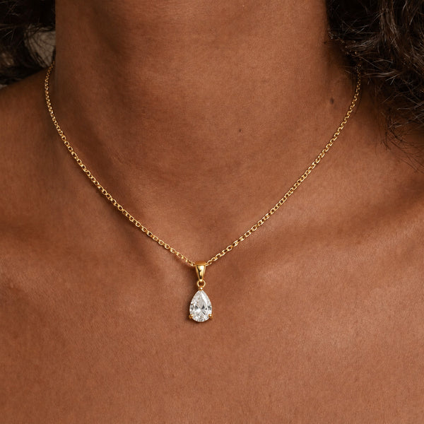 Classic Solitaire Tear Necklace Gold Finish