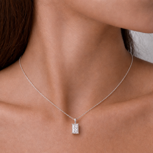 Classic Rectangle Solitaire Necklace Silver Finish