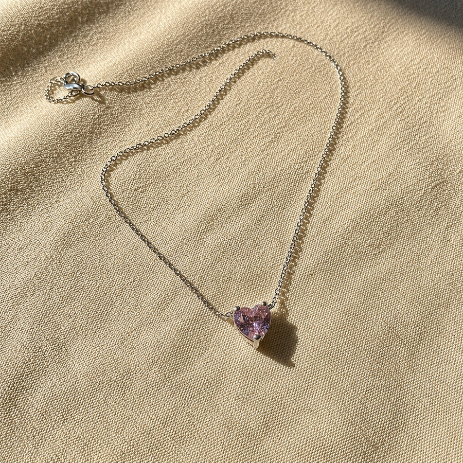 Ice Pink Heart Glow Silver Necklace