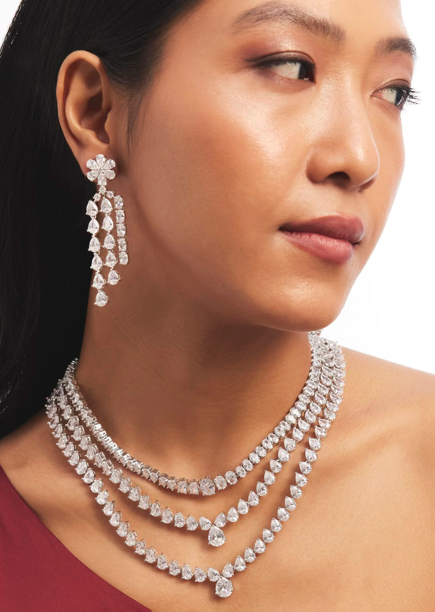 Opulent Bloom Triple-Layer Necklace & Chandelier Earrings Set