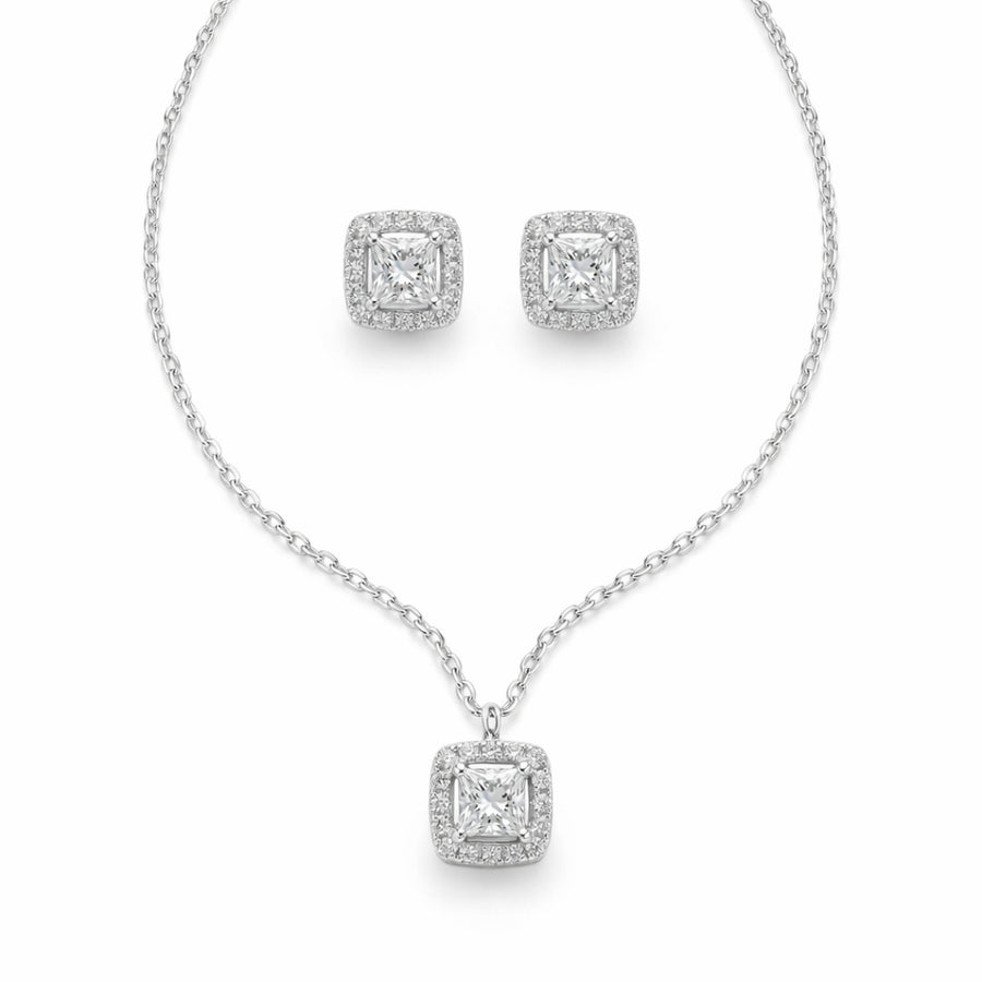 Square Halo Pendant & Earrings Set