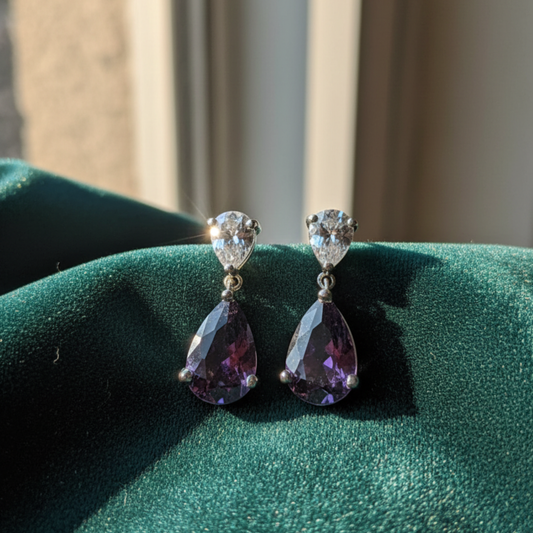 Amethyst Purple Pear Drop Silver Danglers