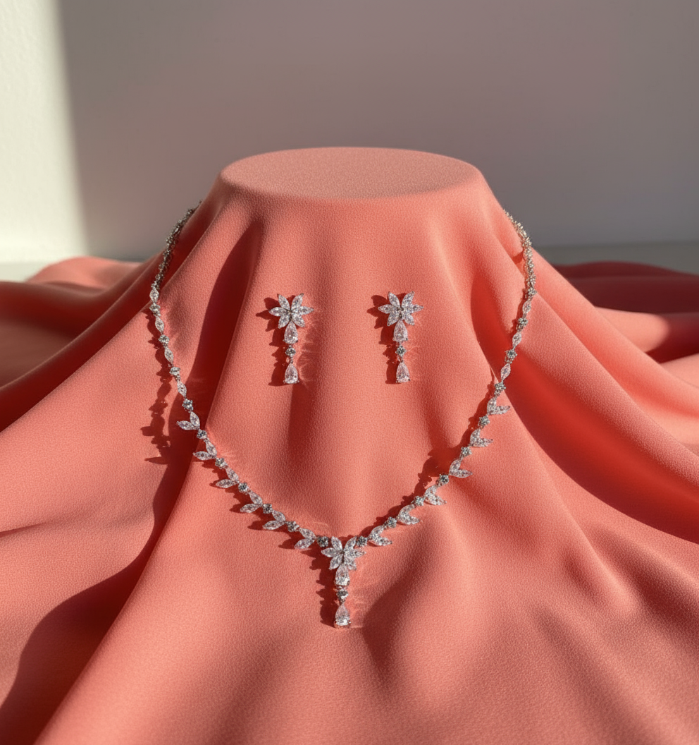 Sterling Glimmer Leaf Necklace & Earrings Set