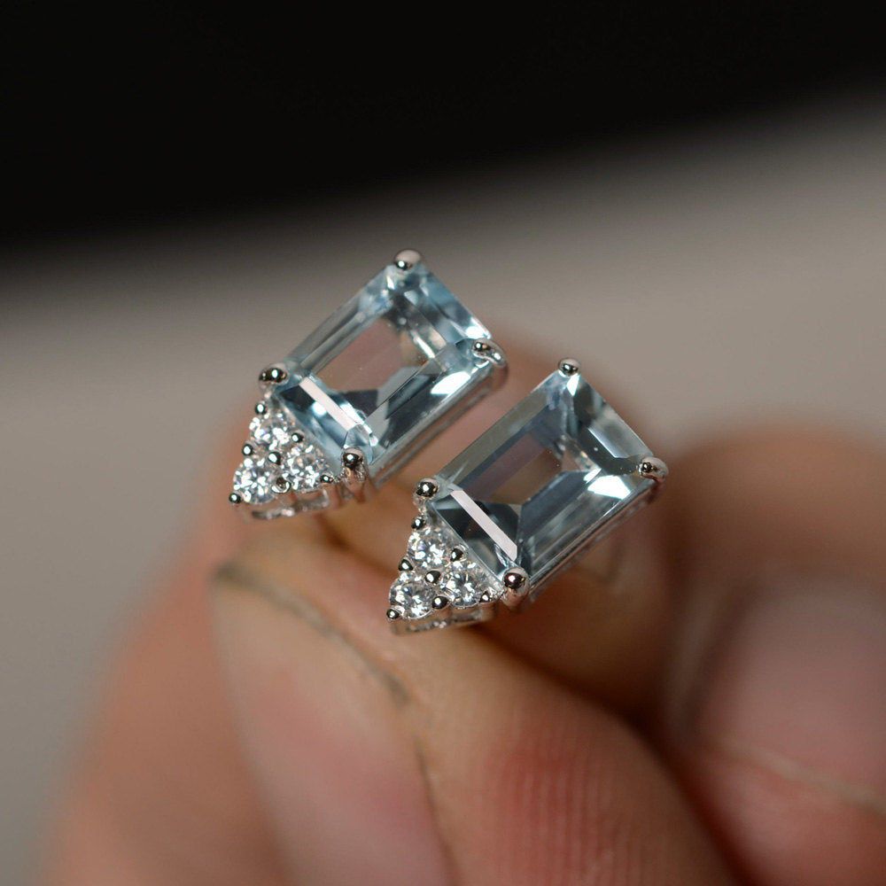 Rectangular Blue Stone Studs with Triangular Accents