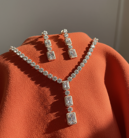 Rose Radiance Baguette Necklace & Earrings Set